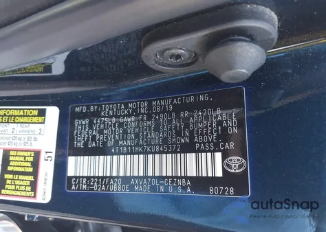 2019 Toyota Camry Le из США, поврежденный, VIN 4T1B11HK7KU845372